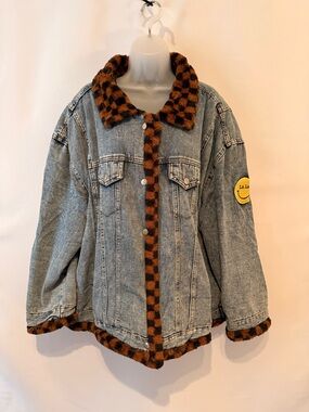 Denim Jacket with Checked Faux Fur Trim